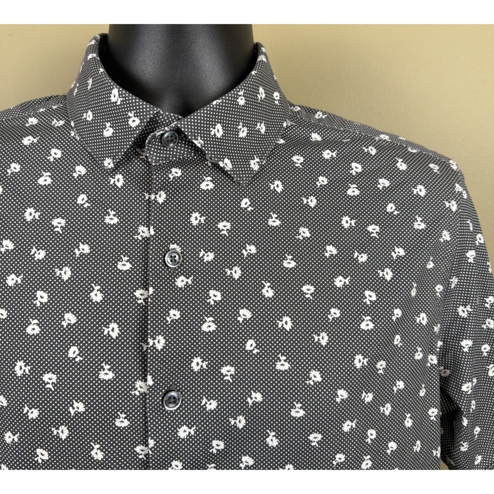 BUGATCHI Oooh Cotton Tech 8 Way Stretch Button Front Gray Geometric AOP Shirt M